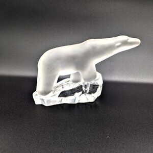 Vintage 1980s Swedish REIJMYRE Frosted Glass Solid Polar Bear on Ice Figurine 8"